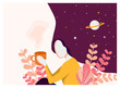 © katerina_ - Vector illustration of cute girl drinking coffee or tea. Space, stars and planets  in dreams and thoughts. Imagination concept. Illustration for web
