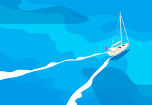 Vector Illustration Of A Yacht In The Open Sea, Top View, Bird's-eye View