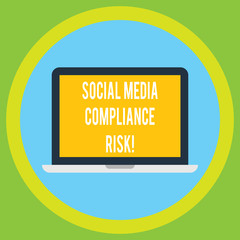 Poster - Handwriting text Social Media Compliance Risk. Concept meaning Risks analysisagement on the internet online sharing Laptop Monitor Personal Computer Device Tablet Blank Screen for Text Space