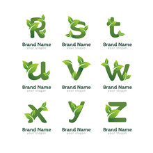 Eco Green Letter Pack Logo Design Template. Green Alphabet Vector Designs With Green And Fresh Leaf Illustration.
