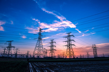 Silhouette of Power Supply Facilities at Sunset