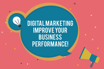 Fototapete - Text sign showing Digital Marketing Improve Your Business Perforanalysisce. Conceptual photo Social network ads Blank Round Speech Bubble with Bulb Idea Icon Sticker Style and Megaphone