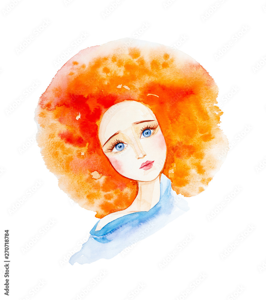 Close-up portrait of a beautiful girl in a blue dress with red hair and ...