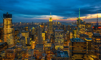 Top Scene of New York City cityscape in lower manhattan at the twilight time, USA downtown skyline, Architecture and building with tourist concept