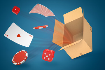 Poster - 3d rendering of ace of hearts, red dice, and red chips flying out of brown cardboard box on blue gradient background.