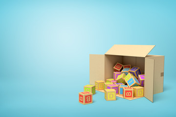 Fototapete - 3d rendering of cardboard box lying sidelong full of ABC blocks on light-blue background.