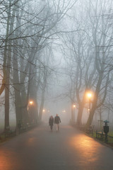 Canvas Print - Couple walking in mist. October morning in Planty Park