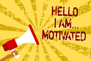 Conceptual hand writing showing Hello I Am... Motivated. Business photo text haivng inner sound to do more in work or life Man holding megaphone loudspeaker grunge yellow important messages