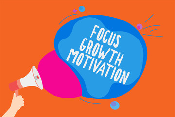 Writing note showing Focus Growth Motivation. Business photo showcasing doing something with accuracy increase productivity Man holding Megaphone loudspeaker screaming colorful speech bubble