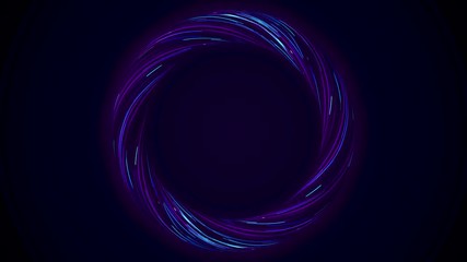 Poster - Abstract glowing ring from twisting fiber with blinking colors isolated on black background. Animation. Shining purple and blue colored circle, seamless loop.