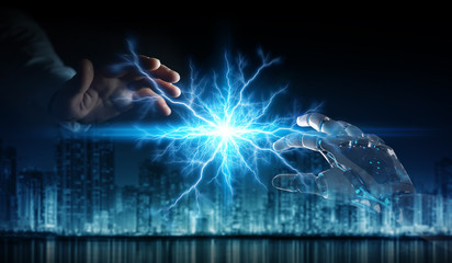 Robot hand creating electricity with human hand 3D rendering