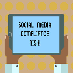 Poster - Word writing text Social Media Compliance Risk. Business concept for Risks analysisagement on the internet online sharing Hu analysis Hand Holding Blank Screen Tablet Smartphone Display Unit photo