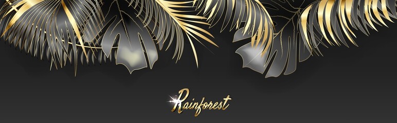 Vector horizontal banner with gold, silver and black tropical leaves on dark background. Rainforest.