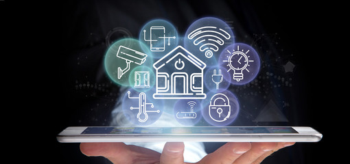 Poster - businessman holding smart home interface with icon, stats and data 3d rendering