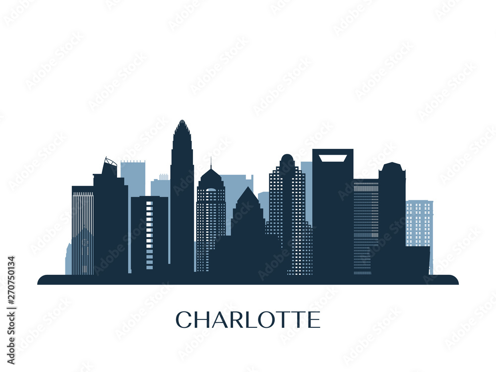 Charlotte skyline, monochrome silhouette. Vector illustration. - obrazy, fototapety, plakaty 