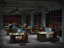 Modern Office Interior In The Night 3d Illustration