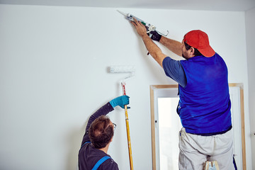 Wall Mural - Two handymen working together on a house renovation.