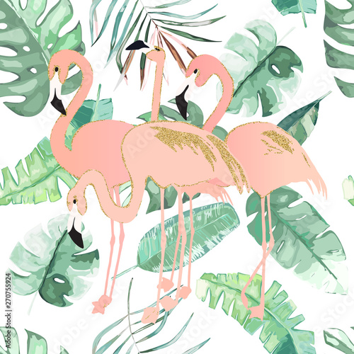 Tropical seamless pattern with flamingo and tropic leaves.Vector illustration...