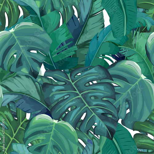 Jungle seamless pattern, green tropical leaves, summer vector illustration on...