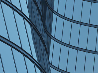 Poster - 3D stimulate of high rise curve glass building and dark steel window system on blue clear sky background,Business concept of future architecture,lookup to the angle of the corner building.