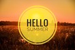 Hello summer banner. New season . Welcome card Photo with sunset. Sunset in the field. Summer sunset. The sun sets over the horizon