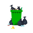 Vector illustration: garbage containers with unsorted trash . Rubbish and trash bags lying around dump. World Environment Day 5 june