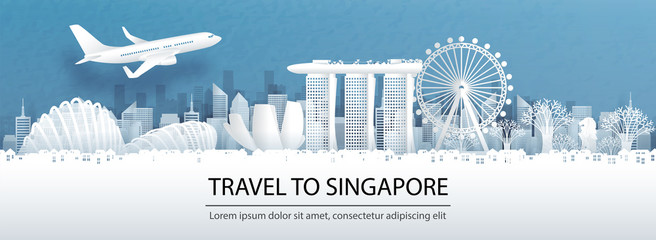 Wall Mural - Travel advertising with travel to Singapore concept with panorama view of Singapore city skyline and world famous landmarks in paper cut style vector illustration.