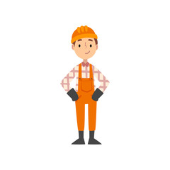 Wall Mural - Boy Construction Worker Character in Uniform and Hard Hat, Kid Dreaming of Future Profession Vector Illustration