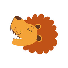 Wall Mural - Cute Lion Head, Side View, Design Element Can Be Used for T-shirt Print, Poster, Card, Label, Badge Vector Illustration