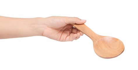 Sticker - hand holding Wooden Spoon isolated on white background