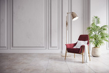 Modern Mid Century And Minimalist Interior Of Living Room,vintage Red Armchair With Gold Lamp In White Room ,3d Render