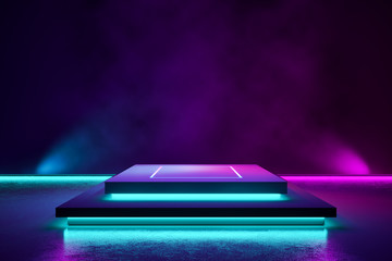 Rectangle stage with smoke and purple neon  light ,abstract futuristic  background,ultraviolet  concept,3d render