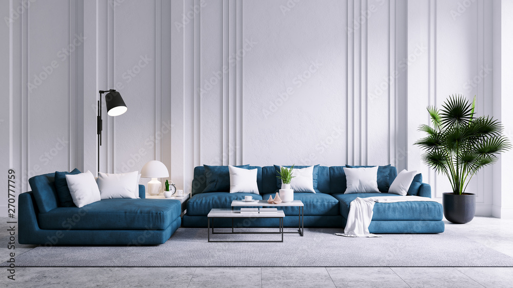 Modern Vintage Living Room Interior Blue Sofa With White