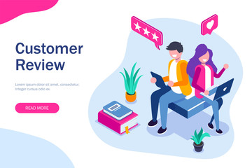 Customer review. The guy and the girl leave a positive review about the application or web service. Use portable devices. Can use for web banner, infographics. Vector isometric 3d illustration.