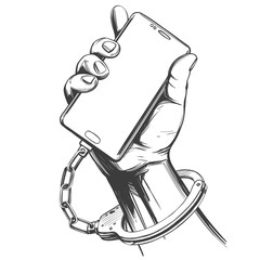 hand handcuffed to smartphone, social media addiction, digital technology icon hand drawn vector illustration sketch