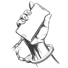 hand handcuffed to a smartphone with a broken chain, release from social media addiction,, digital technology icon hand drawn vector illustration sketch