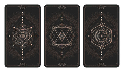 Wall Mural - Vector set of three dark backgrounds with geometric symbols, grunge textures and frames.