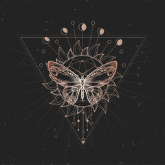 Vector illustration with hand drawn butterfly and Sacred geometric symbol on black vintage background. Abstract mystic sign.