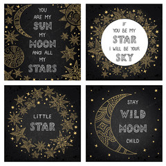 Wall Mural - hand-drawn postcards on the night sky. set of vector doodle cards. banners with phrases, stars, moon