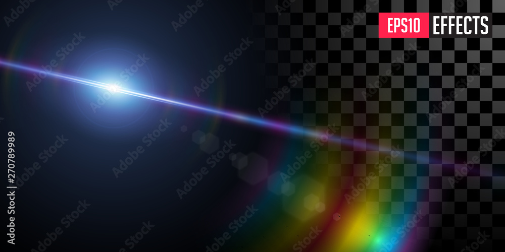 Far Star. Creative Vector Illustration of Far Blue Star. Transparent Sci-Fi Special Lens Flare Light Effect with Rainbow Shine. Concept Graphic Element. - obrazy, fototapety, plakaty 