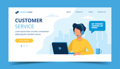 Aufkleber - Customer service landing page. Man with headphones and microphone with laptop. Concept illustration for call center.