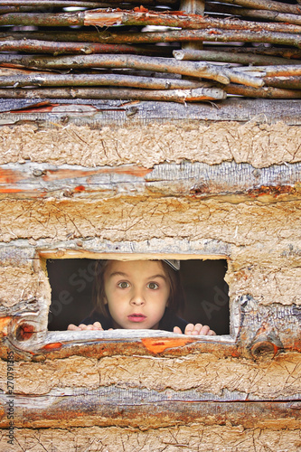 Cuadros en Lienzo Curious child, boy, peering from a small window in wooden shrub
