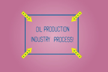 Poster - Word writing text Oil Production Industry Process. Business concept for Petroleum company industrial processing Square Outline with Corner Arrows Pointing Inwards on Color Background