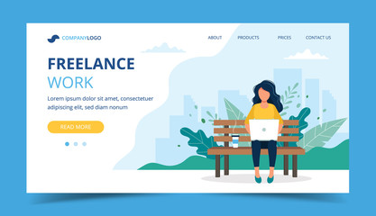 Aufkleber - Freelance work page template. Woman working with laptop in the park. Illustration for freelancing, remote work.