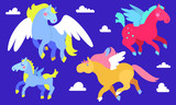 Fototapeta Dinusie - Pegasus in the clouds collection. Cute horses in pastel colors illustration