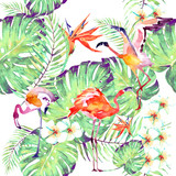 Fototapeta Motyle - pink flamingos ,pattern,palm leaves, watercolor on a white