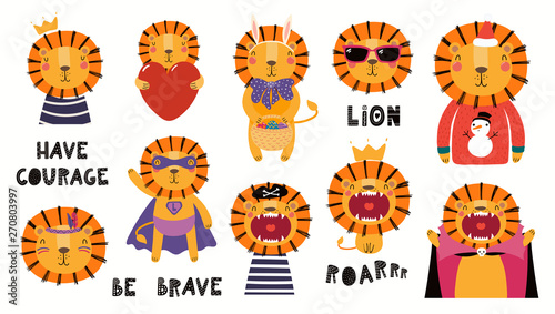 Set of cute lion illustrations, king, pirate, superhero, Easter , Christmas, ...