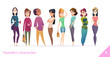 © Vector_Vision - Women character design collection. Modern cartoon flat style. Females stand together. Young females in different poses.