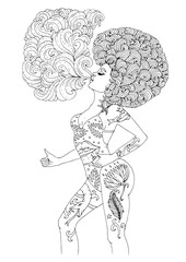 Vector in profile young African girl with beautiful tattooed body, with magnificent curly afro hairstyle, smoking and blowing a cloud. Patterned coloring page for adults. Design card, print on t-shirt