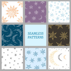 Wall Mural - set of simless patterns with hand-drawn stars, sun and moon. a collection of vector backgrounds on t